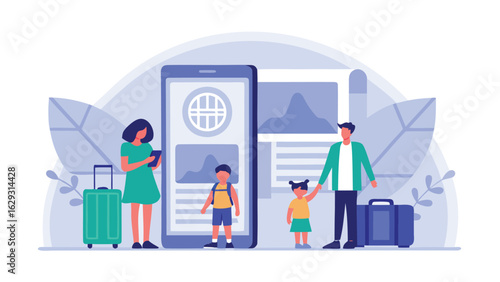 Family planning a trip with a mobile app and luggage ready for vacation and travel together now