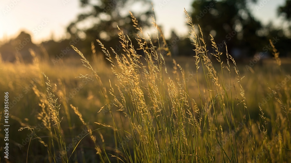 Obraz premium Sunlit meadow with tall swaying grass, capturing golden hour's joyful atmosphere.