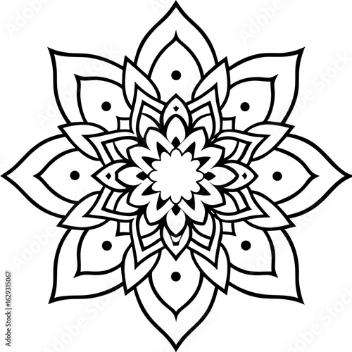 Intricate black and white mandala design with floral petal patterns and geometric symmetry