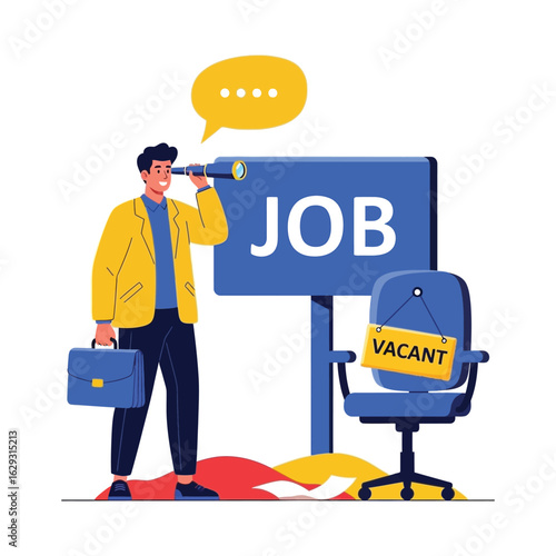 Man with a telescope and briefcase searching for a job opportunity next to a vacant office chair.