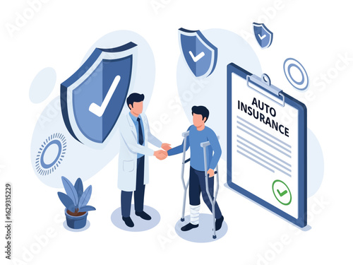 A doctor shakes hands with an injured patient on crutches next to an auto insurance policy clipboard.