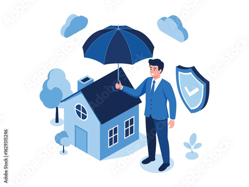 A businessman holds a large blue umbrella over a house, symbolizing home insurance and property protection.