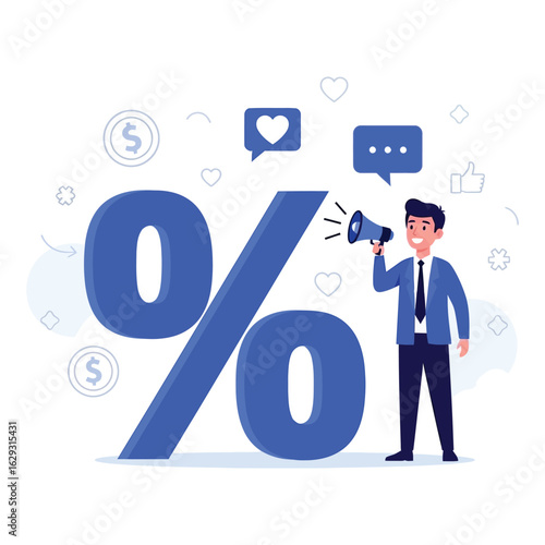 Businessman with a megaphone announces a special offer or discount next to a large percentage symbol.