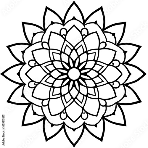 Intricate black and white mandala design with repeating geometric patterns and floral elements
