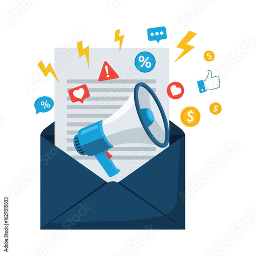 A megaphone broadcasts a promotional message from an open envelope, surrounded by social media and sales icons.
