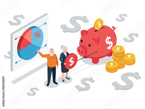 An elderly couple analyzes a financial pie chart while saving money in a large piggy bank for retirement.