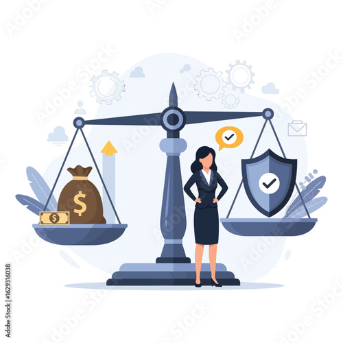 A businesswoman stands before large scales, weighing financial profit in a money bag against the protection of a security shield.