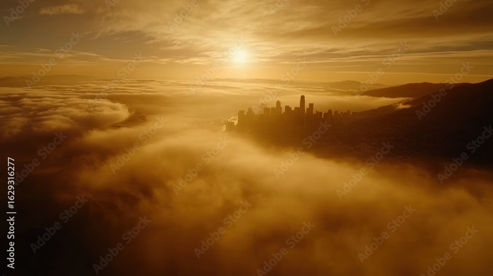 Fototapeta premium City shrouded in golden clouds at sunrise