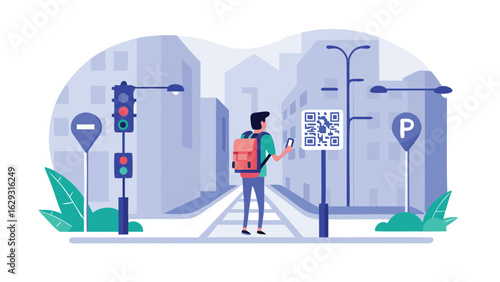 Man with backpack scans qr code on street sign in city with traffic lights and parking sign shown