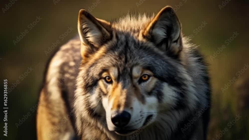 Close up portrait of a gray wolf with piercing yellow eyes looking directly at the camera outdoors animal video Close up portrait of a gray wolf with piercing yellow eyes looking directly at the camera outdoors animal video