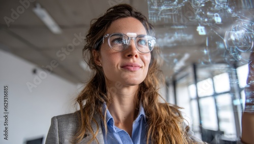 Visionary Businesswoman Interacting with a Futuristic Holographic Cybersecurity Interface