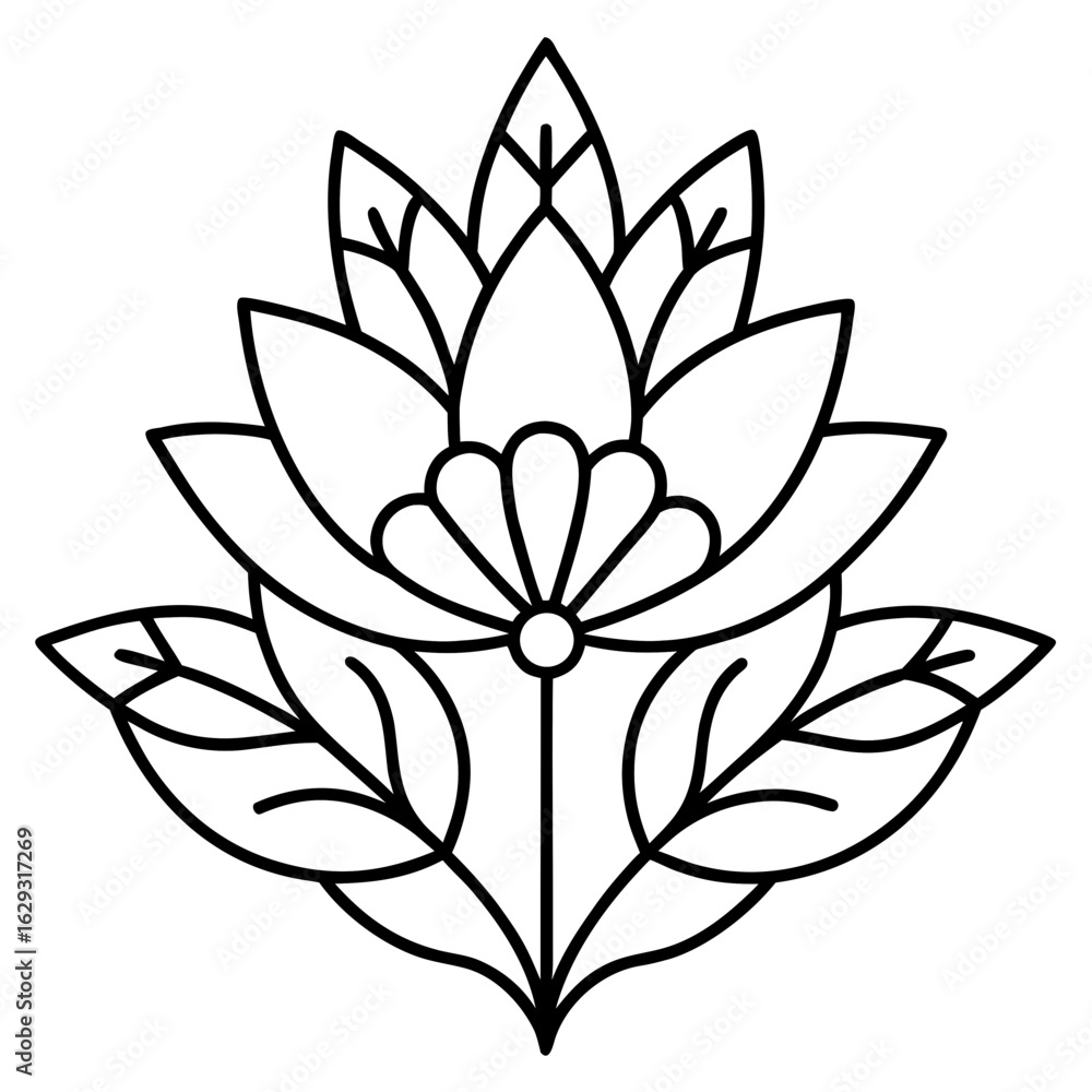 Elegant black and white line art illustration of a stylized lotus flower with leaves Elegant black and white line art illustration of a stylized lotus flower with leaves