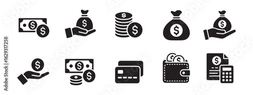 Finance and money solid icons set. Vector collection of business symbols like payment, cash, credit card, and budget.