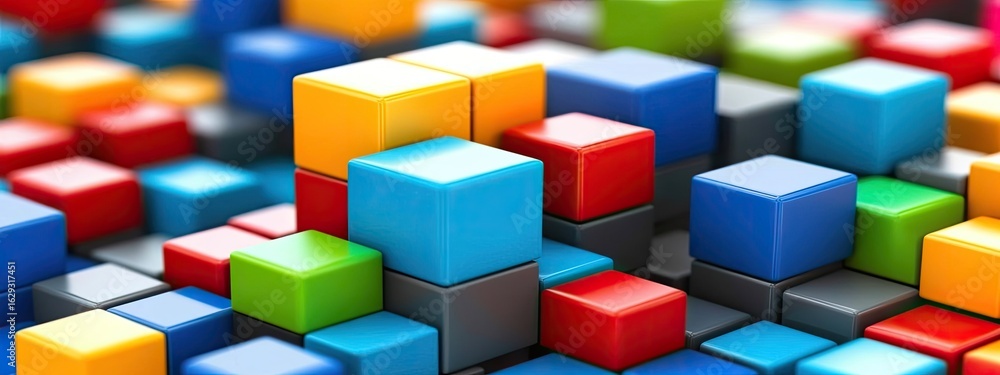 Obraz premium A vibrant, three-dimensional array of colorful cubes, stacked and arranged in a complex, abstract pattern, creating a visually stimulating and dynamic composition