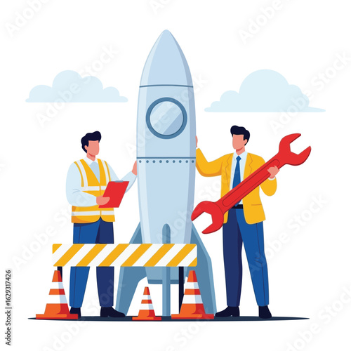 An engineer and a businessman with a large wrench collaborate on building a rocket for a new project launch.