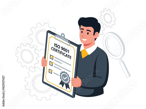 A smiling businessman proudly displays an ISO 9001 certificate on a clipboard, symbolizing quality management, compliance, and successful standardization.