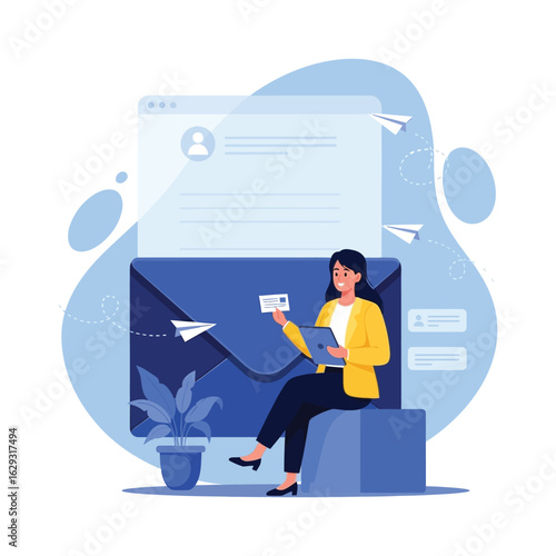 A businesswoman manages her email marketing campaign, sending messages from a tablet in front of a giant envelope.