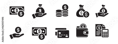 Collection of solid black glyph icons for finance, including symbols for money, payment, savings, and investment concepts on a white background.