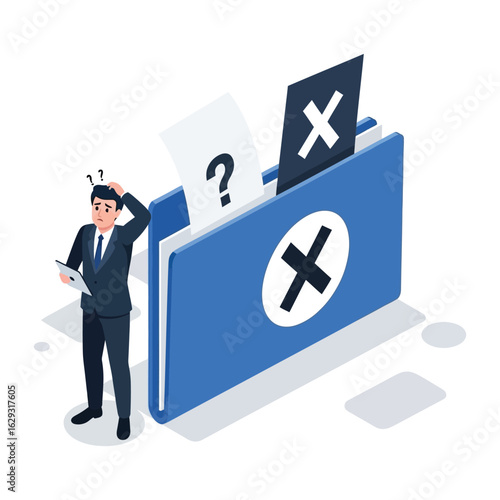 A confused businessman scratches his head, puzzled by a large folder containing rejected documents and errors.