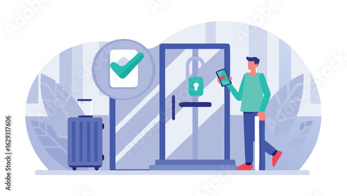 A man checks into a hotel room with his luggage using a smartphone showing a checkmark on the screen