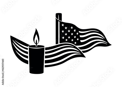 Candle and waving American flag silhouette for memorial and remembrance