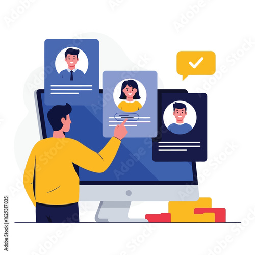 A recruiter at a computer screen selects a candidate's profile for a job position.
