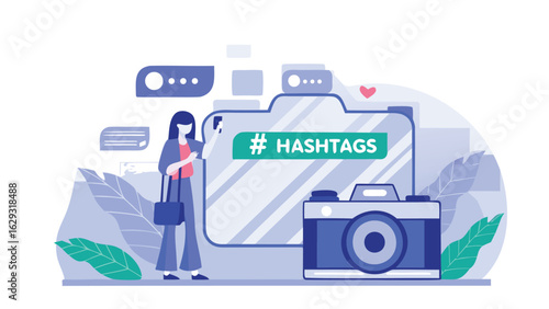 Illustration of a woman with a camera and hashtags folder for social media marketing use case