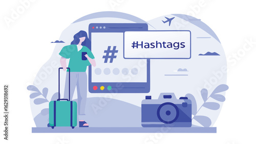 Woman with luggage using social media hashtags on phone near camera and plane illustration scene