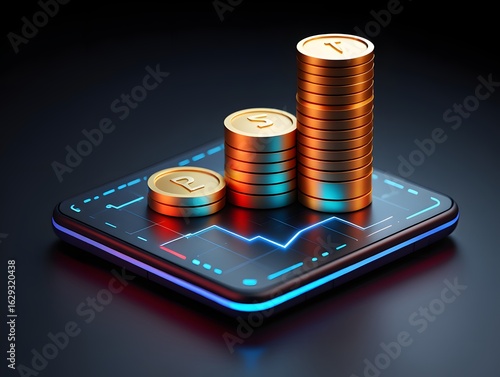 Investment growth concept with gold coins and stock market chart on smartphone screen