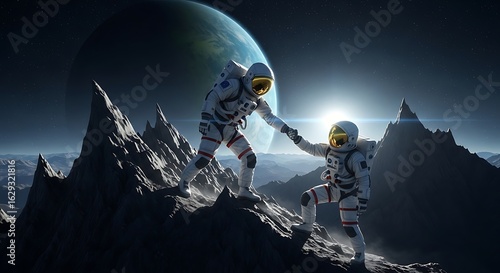 Two astronauts assist each other ascending a rugged, alien mountain range under a distant planet's glow.