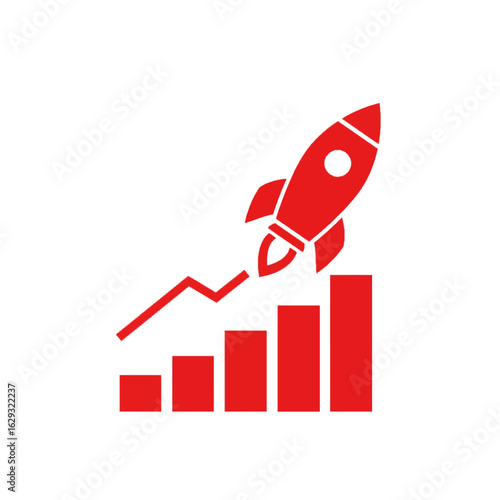 A red rocket launches from a rising bar chart, symbolizing rapid business growth and startup success.