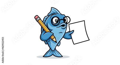 Blue Fish Cartoon Character Holding Pencil and Paper.