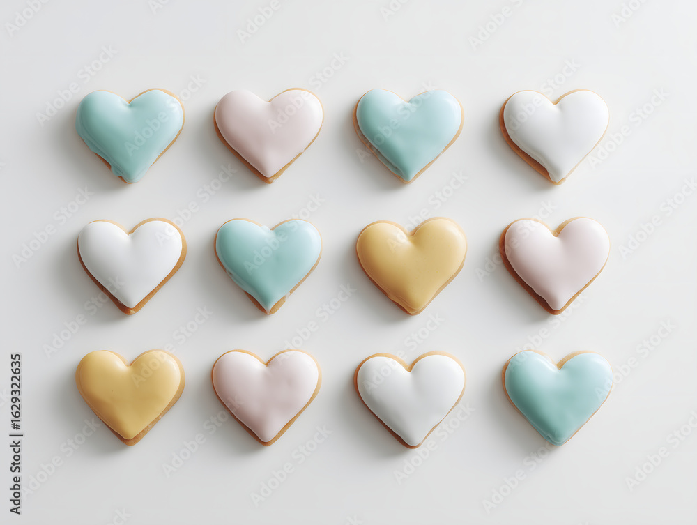 Fototapeta premium Pastel Heart-Shaped Cookies Arranged on White Background