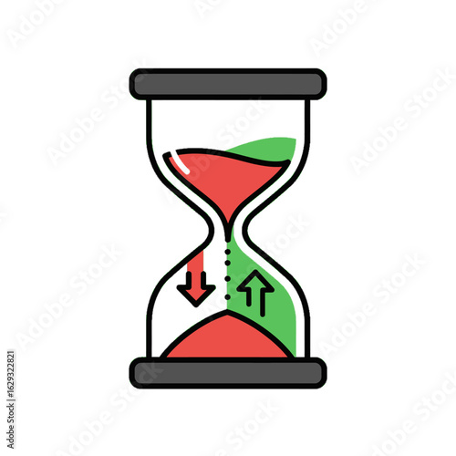 A conceptual hourglass icon with red liquid flowing down and green liquid flowing up, symbolizing exchange, transformation, or a cycle.