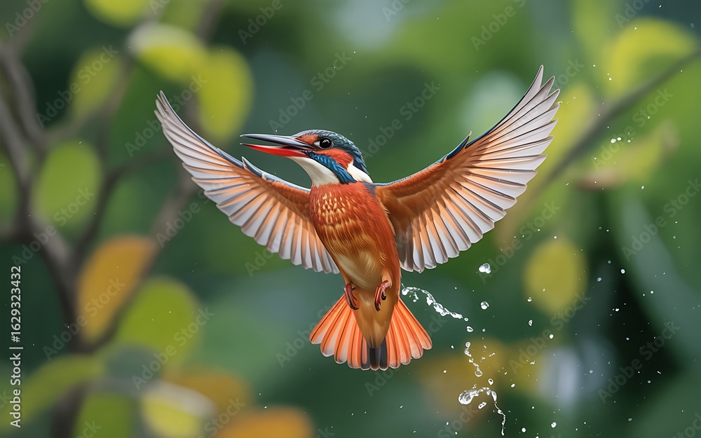 Naklejka premium Kingfisher bird flying with water droplets trailing