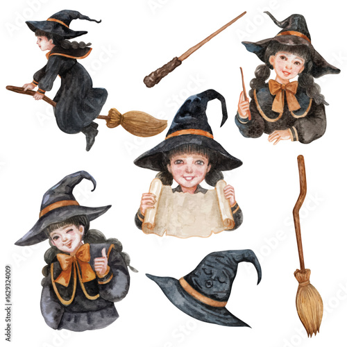 elements vector of witch hand drawn watercolor isolated on transparent background.