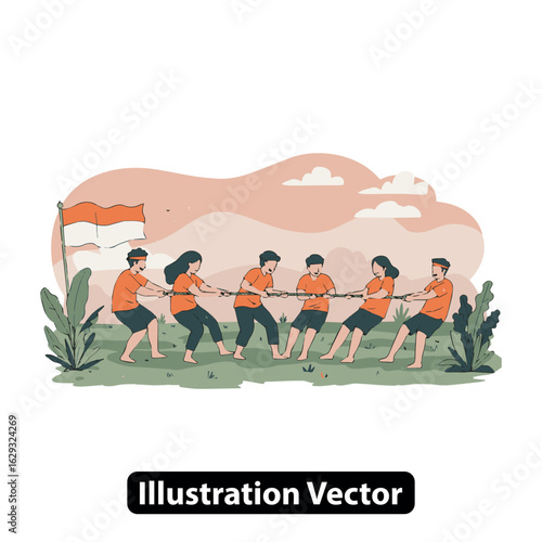 Illustration of community spirit in a traditional tug of war competition for a holiday