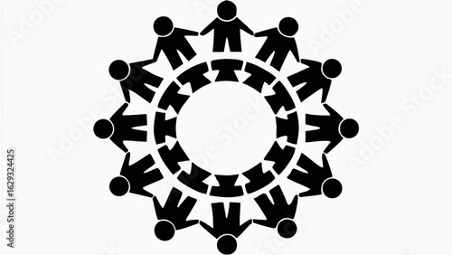 Black silhouettes of people holding hands in a circle with arrows pointing inward on a white background