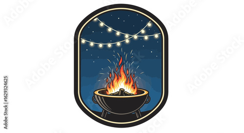Cozy campfire in a black fire pit under glowing string lights a stylized night scene emblem.