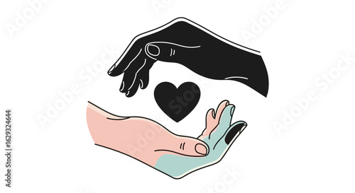 Stylized black and multicolored hands in a circular gesture of care protecting a black heart.