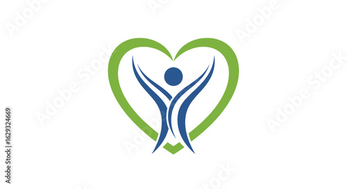 Abstract wellness logo of a blue human figure with raised arms inside a green heart symbolizing health and care.