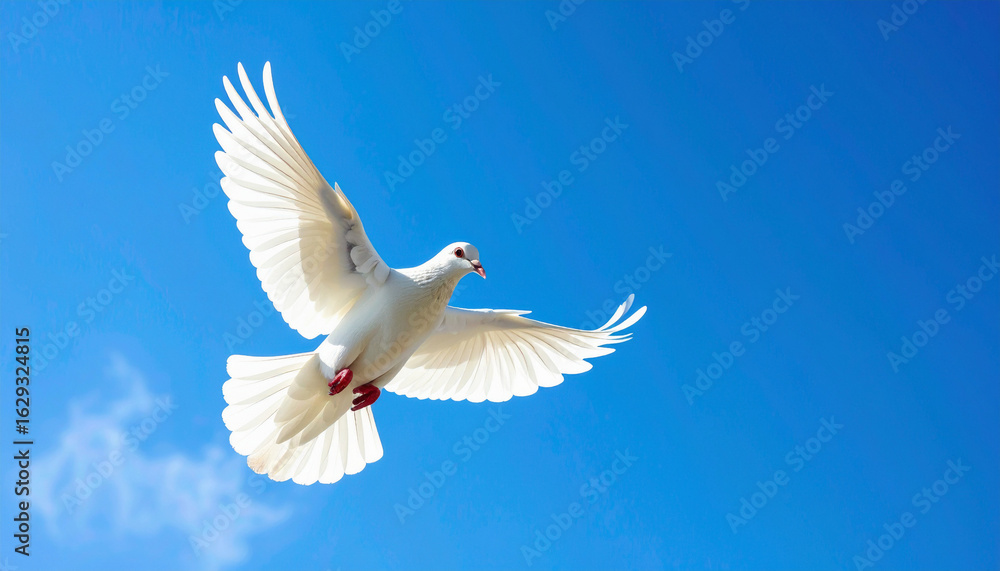 Obraz premium Dove Flying in Blue Sky: Symbol of International Day of Peace, Harmony and Freedom