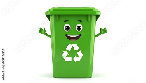 Cartoon green recycling bin with a happy face