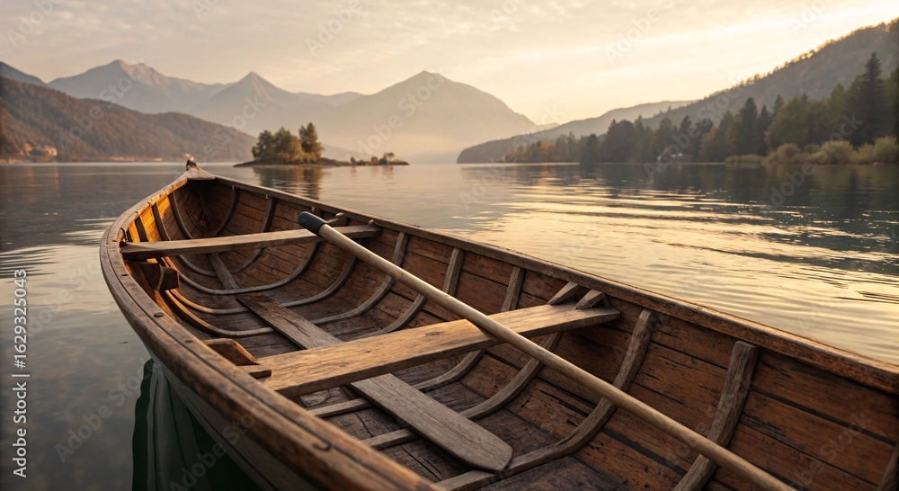 Fototapeta premium Golden Hour Close-Up of Wooden Boat on Tranquil Mountain Lake V4