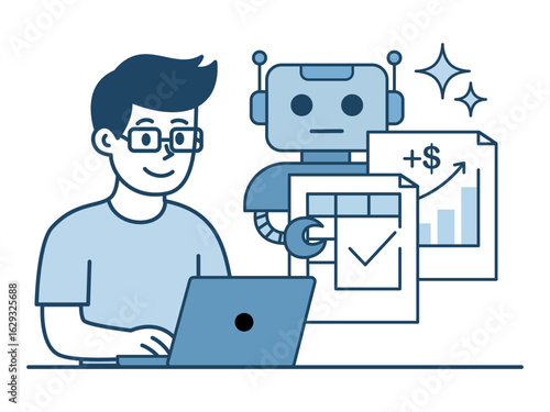 Human and AI Collaboration in Business. A man and a robot work together on a laptop, representing the synergy of human and artificial intelligence to boost business productivity.
