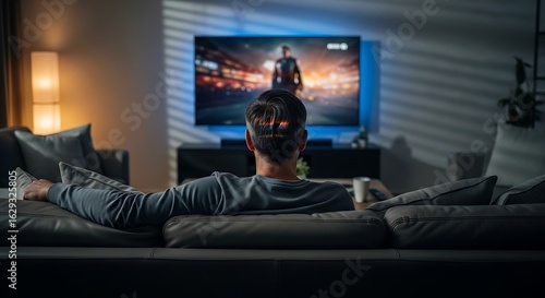 A man relaxes on a couch in his living room, playing an action video game on a large screen television.