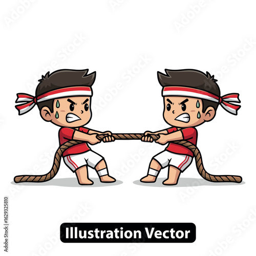 Cartoon illustration of two determined boys competing in a traditional tug of war game
