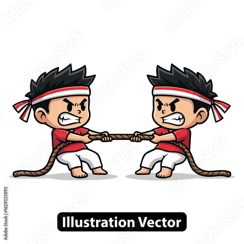 Cartoon boys in a traditional tug of war competition for Indonesian independence day celebration