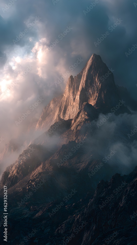 Fototapeta premium Beautiful mountain peak with dramatic lighting and fog