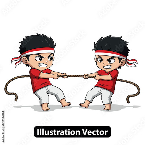 Two boys in fierce tug of war competition during a traditional cultural festival celebration